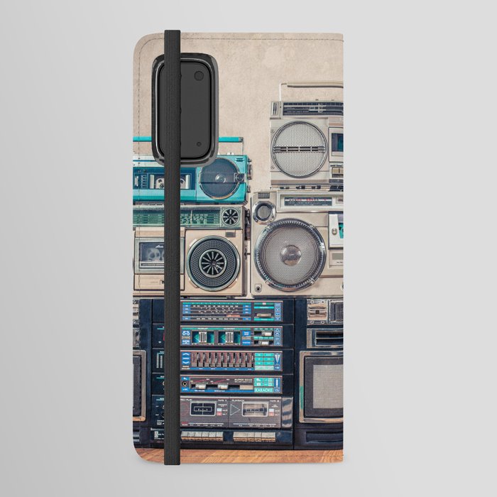 Retro old school design ghetto blaster stereo radio cassette tape recorders boombox tower from circa 1980s front concrete wall background. Vintage style filtered photo Android Wallet Case