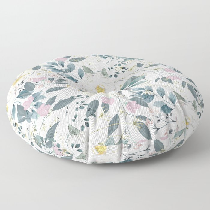 Pastel pink green white yellow watercolor floral Floor Pillow