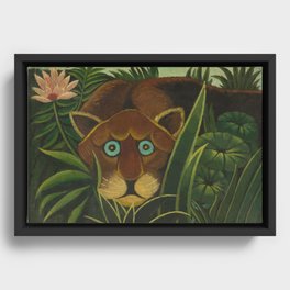 Lioness peers out of the jungle and grasses, circa 1890, oil on canvas print by Henri Rousseau Framed Canvas