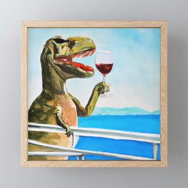 T-Rex dinosaur drinking red wine and enjoying the seaview Framed Mini Art Print