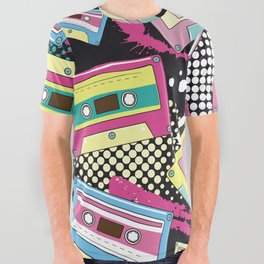 Multi Colored cassettes on a black background seamless pattern All Over Graphic Tee