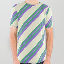 [ Thumbnail: Sea Green, Purple & Beige Colored Stripes/Lines Pattern All Over Graphic Tee ]