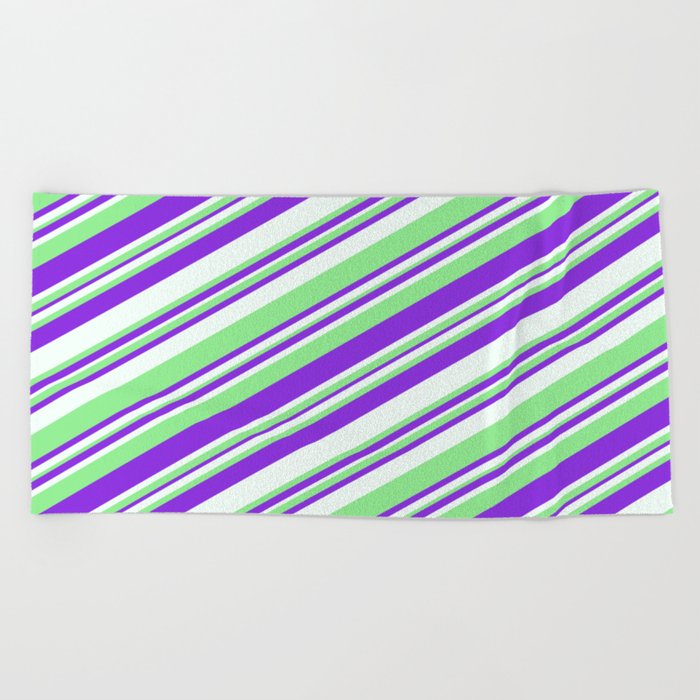 Purple, Mint Cream & Light Green Colored Striped Pattern Beach Towel