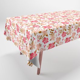 Tropical Pink and Brown Hibiscus Floral Repeat on White Tablecloth