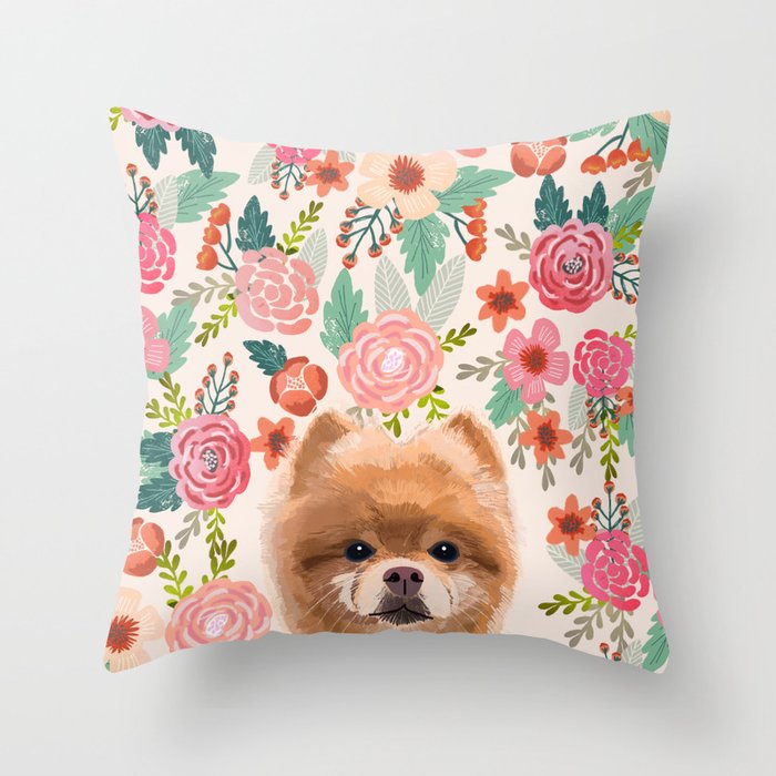 Pomeranian floral dog portrait cute art gifts for dog breed pom lovers Throw Pillow