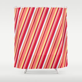 [ Thumbnail: Crimson, Light Cyan, Salmon & Tan Colored Stripes Pattern Shower Curtain ]