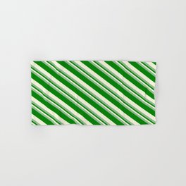 [ Thumbnail: Dark Sea Green, Green & Beige Colored Stripes/Lines Pattern Hand & Bath Towel ]