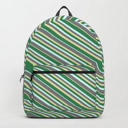 [ Thumbnail: Grey, Pale Goldenrod, Sea Green, and Light Cyan Colored Lines Pattern Backpack ]