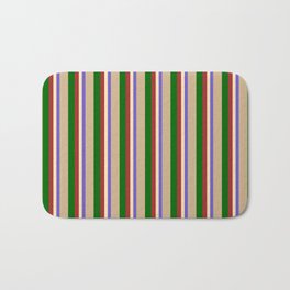 [ Thumbnail: Colorful Slate Blue, Beige, Brown, Dark Green, and Tan Colored Lines Pattern Bath Mat ]