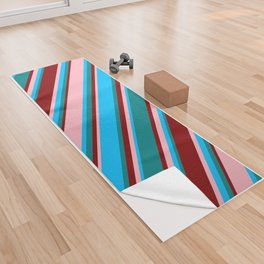 [ Thumbnail: Teal, Deep Sky Blue, Light Pink, and Maroon Colored Striped Pattern Yoga Towel ]