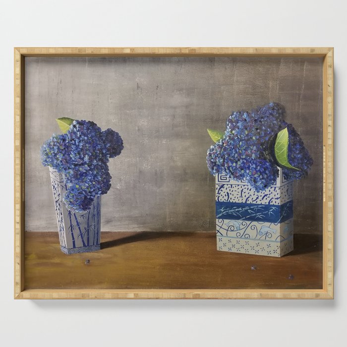 Blue Hydrangeas in Unique Chinese Vases Serving Tray