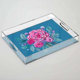 Spring roses bouquet - pink on bluw background Acrylic Tray