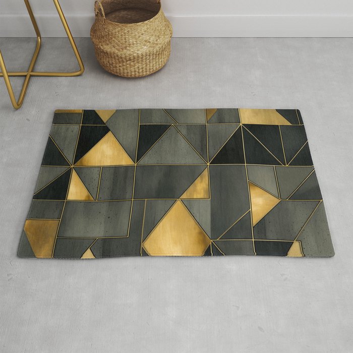 Black And Gold Geometric Wall Pattern Industrial Fragments Rug