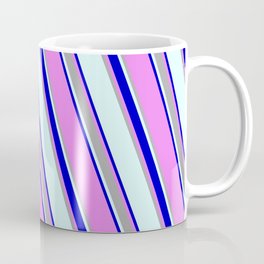 [ Thumbnail: Light Cyan, Blue, Violet, and Dark Grey Colored Lines/Stripes Pattern Coffee Mug ]