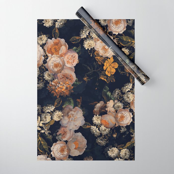 Antique Botanical Peach Roses And Chamomile Midnight Garden Wrapping Paper