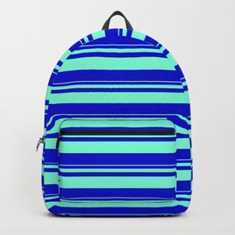 [ Thumbnail: Aquamarine and Blue Colored Striped Pattern Backpack ]