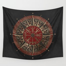 Vegvisir - Viking Compass - Black and red Leather and gold Wall Tapestry