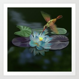 Lotus and hummingbird Art Print