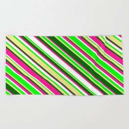 [ Thumbnail: Eye-catching Deep Pink, White, Lime, Tan & Dark Green Colored Lined/Striped Pattern Beach Towel ]