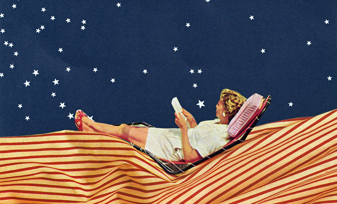 collage of a woman reading a book on a background with red, white and blue