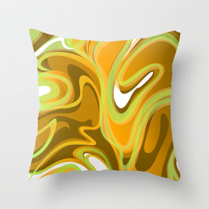 Liquify in Vintage 70s Colors // Brown, Avocado Green, Harvest Gold, Orange, White Throw Pillow