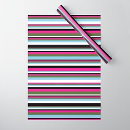 [ Thumbnail: Vibrant Deep Pink, Dark Olive Green, Sky Blue, White, and Black Colored Lined/Striped Pattern Wrapping Paper ]