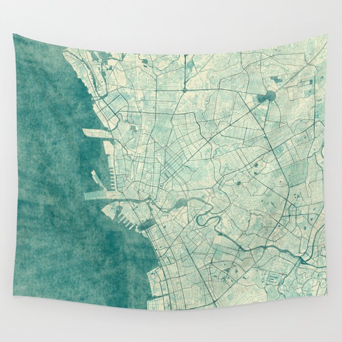 Manila Map Blue Vintage Wall Tapestry