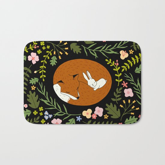 Friendship in Wildlife_Fox and Bunny_Bg Black Bath Mat