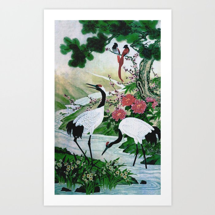 Red Crowned Cranes In Vintage Japanese Floral Landscape Art Print