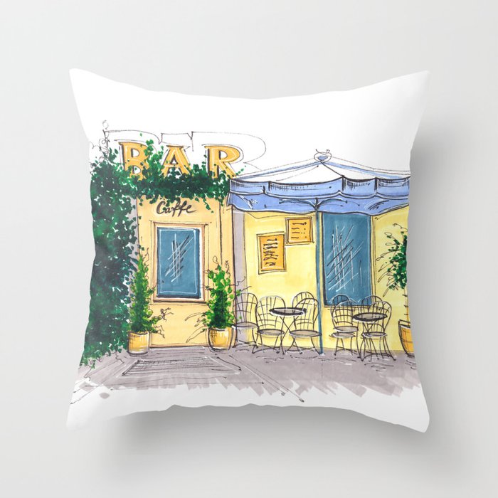 Bar Cafe Caffe in Trastevere in Rome hand-painted watercolor sketch Throw Pillow