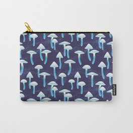 Magical Glowing Night Mushrooms, Hand-painted Watercolor Mushroom Pattern in Ink, Indigo, Navy Blue, White and Aqua Cyan Cobalt Colors Carry-All Pouch