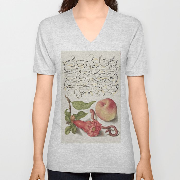 Vintage calligraphic art with flowers and peach V Neck T Shirt