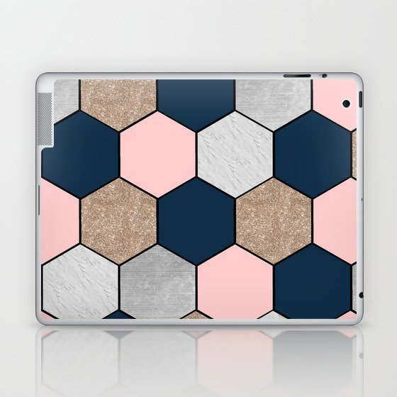 Navy and peach marble and foil hexagons Laptop & iPad Skin