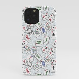 Mahjong Tiles Jumbled Across White Background With Swirls iPhone Case