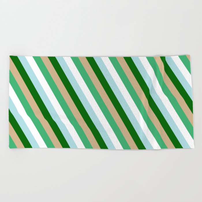 Eye-catching Tan, Sea Green, White, Powder Blue, and Dark Green Colored Pattern of Stripes Beach Towel