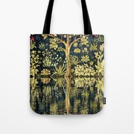 William Morris original Tree of Life reflecting pool of garden lily pond twilight black nature landscape painting wall and home decor Tote Bag