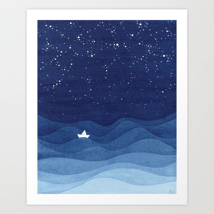 blue ocean waves, sailboat ocean stars Kunstdrucke blue ocean waves, sailboat ocean stars Kunstdrucke