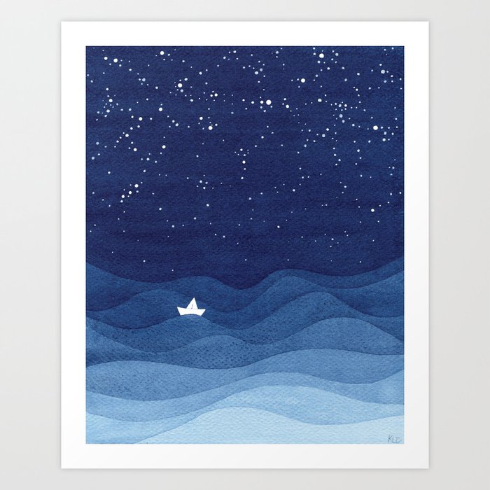 blue ocean waves, sailboat ocean stars Art Print