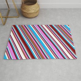 [ Thumbnail: Colorful Deep Sky Blue, Maroon, Violet, Sienna & White Colored Striped/Lined Pattern Rug ]