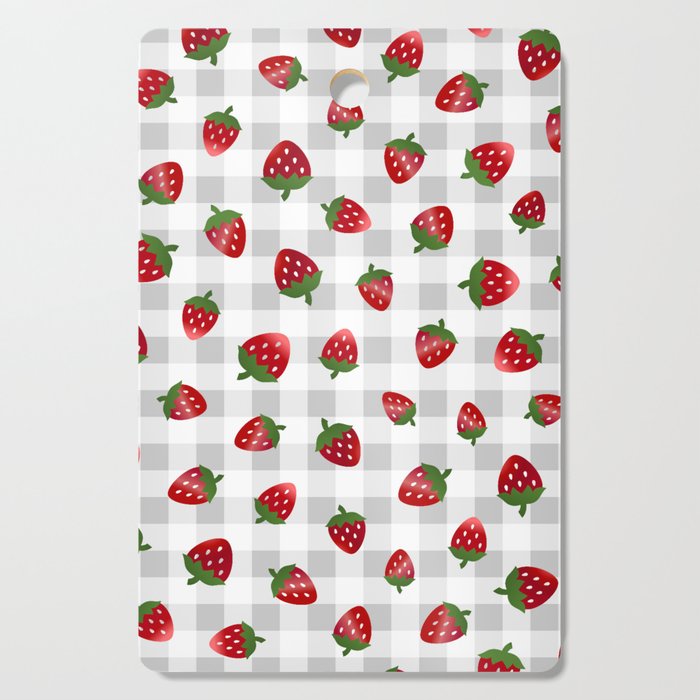 Strawberries All Over - gray check Cutting Board