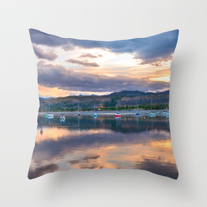 Calm Waters // Lake and Boats at Sunset Beautiful Landscape Photograph Scenic Mountain View Throw Pillow