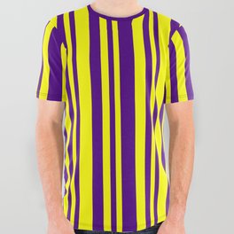 [ Thumbnail: Indigo and Yellow Colored Lines/Stripes Pattern All Over Graphic Tee ]