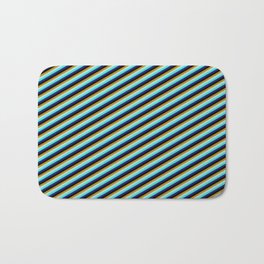 [ Thumbnail: Colorful Dark Goldenrod, Powder Blue, Turquoise, Midnight Blue, and Black Colored Lined Pattern Bath Mat ]