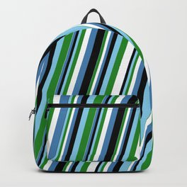 [ Thumbnail: Eye-catching Sky Blue, Forest Green, White, Blue & Black Colored Lined Pattern Backpack ]