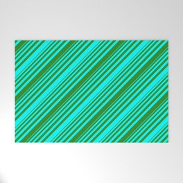[ Thumbnail: Cyan and Forest Green Colored Lined/Striped Pattern Welcome Mat ]