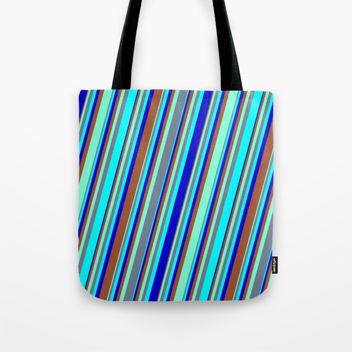 Colorful Aquamarine, Slate Gray, Cyan, Blue & Sienna Colored Striped/Lined Pattern Tote Bag