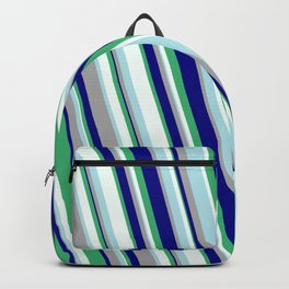 [ Thumbnail: Eye-catching Powder Blue, Dark Gray, Blue, Sea Green & Mint Cream Colored Striped Pattern Backpack ]