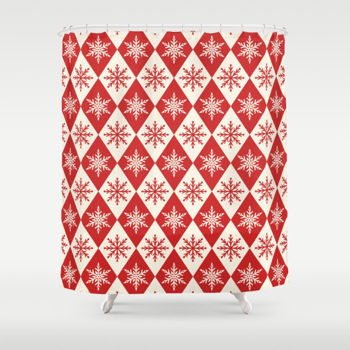 Festive Red & White Snowflake Pattern Shower Curtain