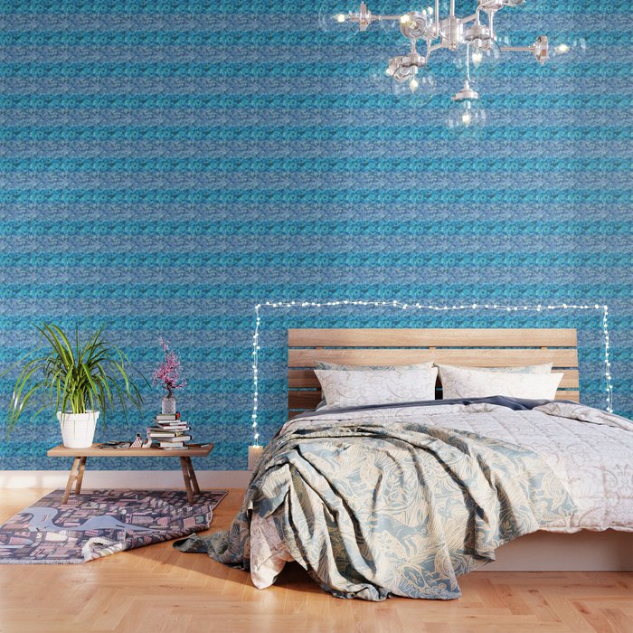 Aqua Blue Mermaid Pattern Metallic Glitter Wallpaper