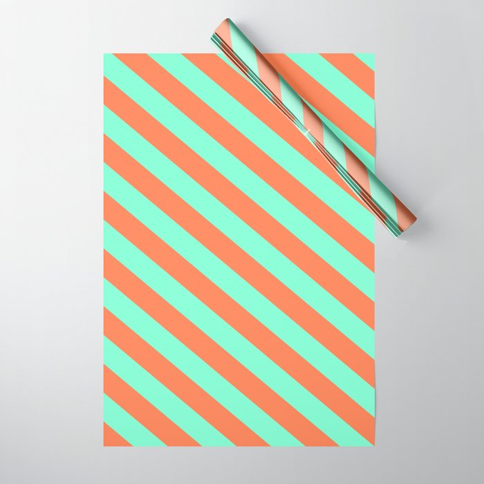 Aquamarine & Coral Colored Lined/Striped Pattern Wrapping Paper